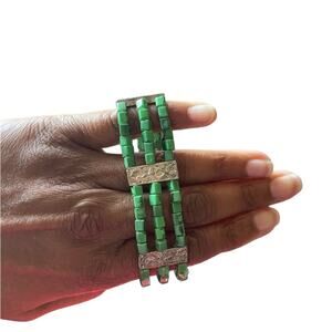 Jade Color Bracelet jewels and silver tone stretch bracelet 3 Layer Boho Vintage